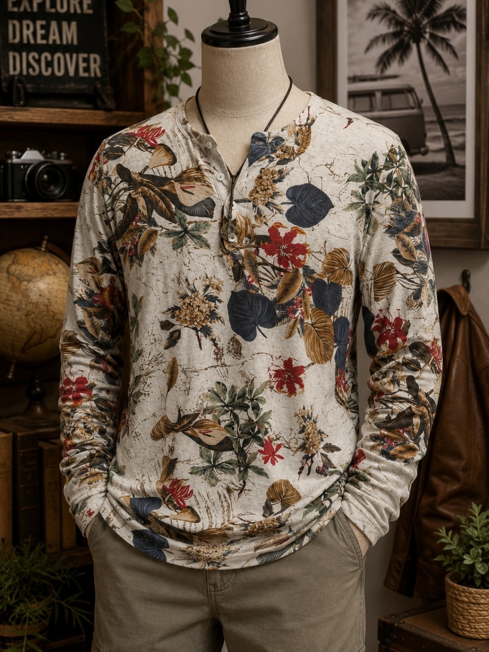 Casual Floral Cootton/Hemp Blend Henley Long-Sleeve Shirt -with Multicolor Print